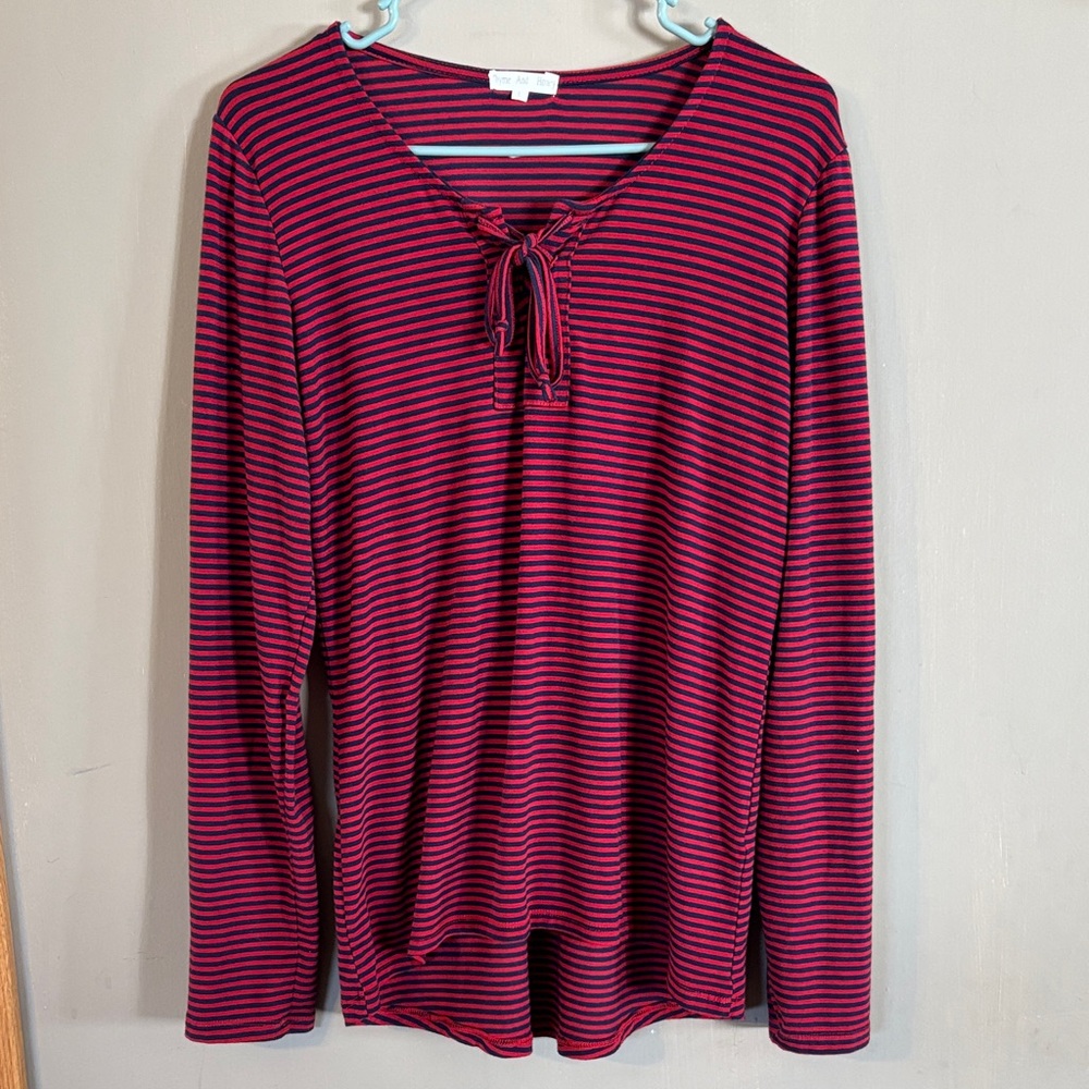 Thyme And Honey Striped Long Sleeve Cotton Blend Top - Red and Blue Size Large